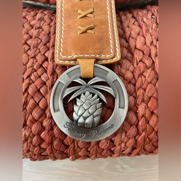 NEW Tommy Bahama Straw Woven Handbag - Orange/Brown - Picture 8 of 9